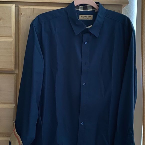 Navy Sherwood Monogram Stretch Poplin Button-Up Shirt. Wear it one time only